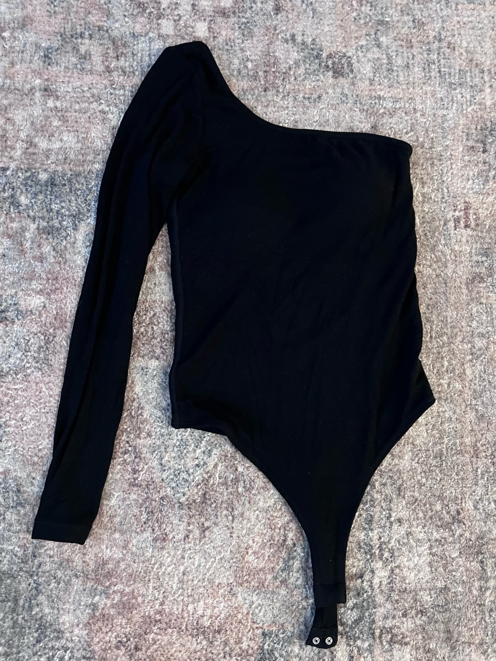 Klassy Network Black One-Shoulder Ribbed Long Sleeve Bodysuit